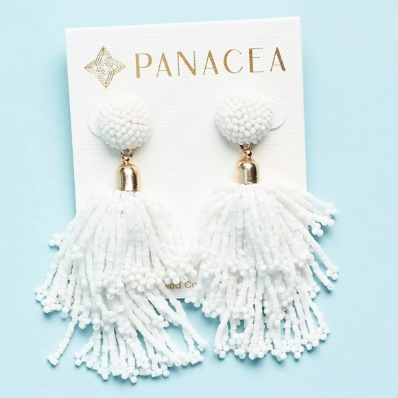 Panacea Beaded White Tassel Earrings - Picture 5 of 5